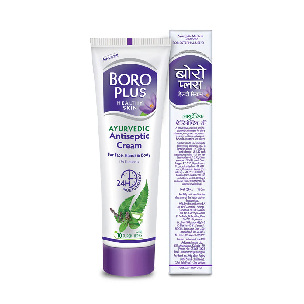 Boro Plus Ayurvedic Antiseptic Cream tube with packaging on a white background