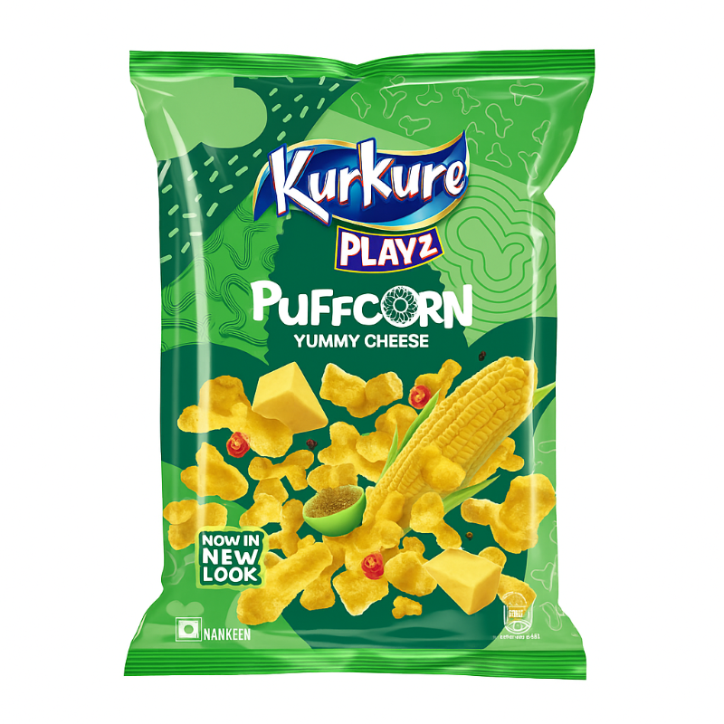 Kurkure Playz Puffcorn Yummy Cheese snack packet on a white background