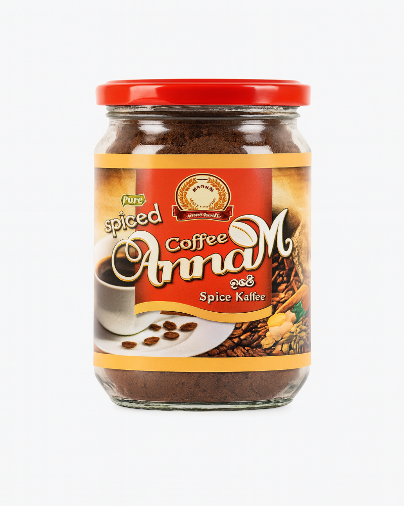 Jar of spiced coffee with a red lid on a white background