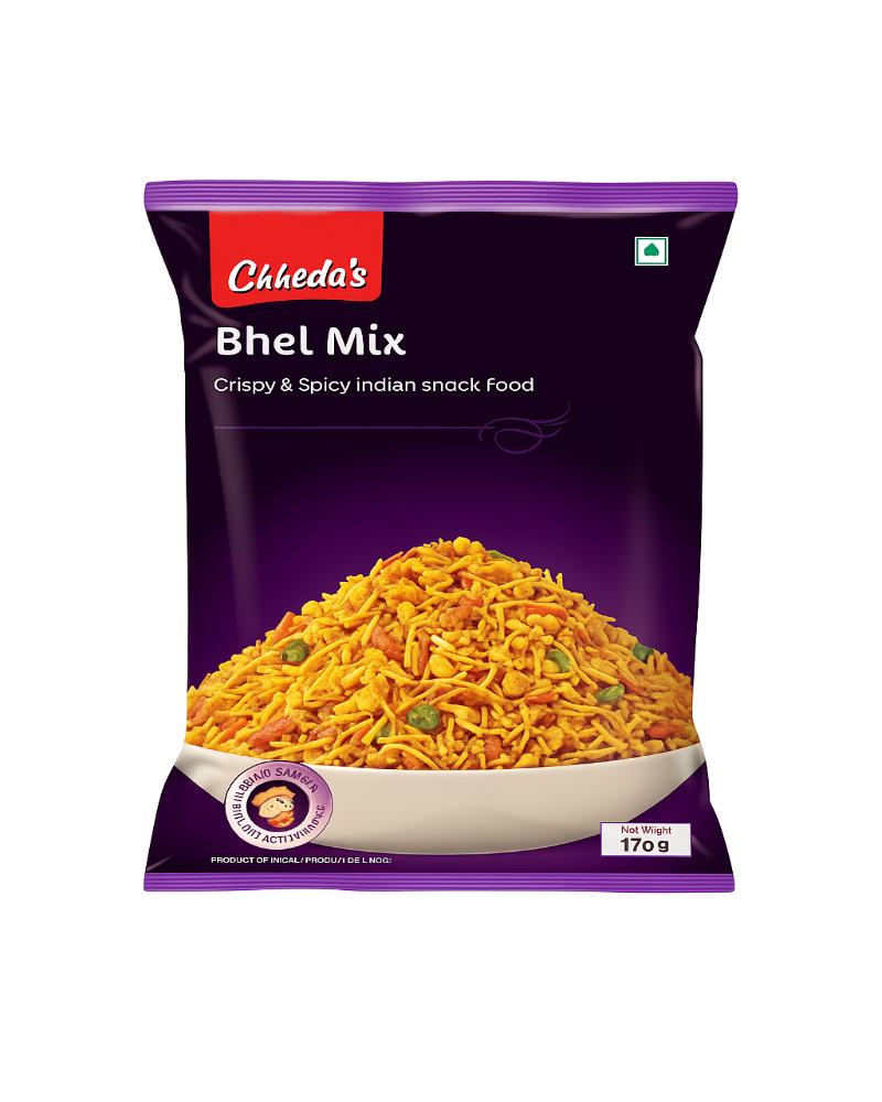 Packaging of Chheda's alu bhujia on a white background