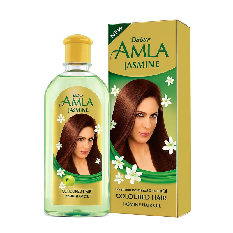 Dabur Amla Jasmine hair oil bottle and packaging on a white background