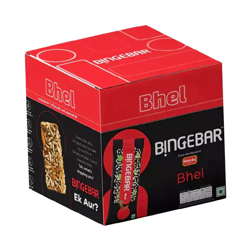 Bingebar Bhel packaging box on a white background