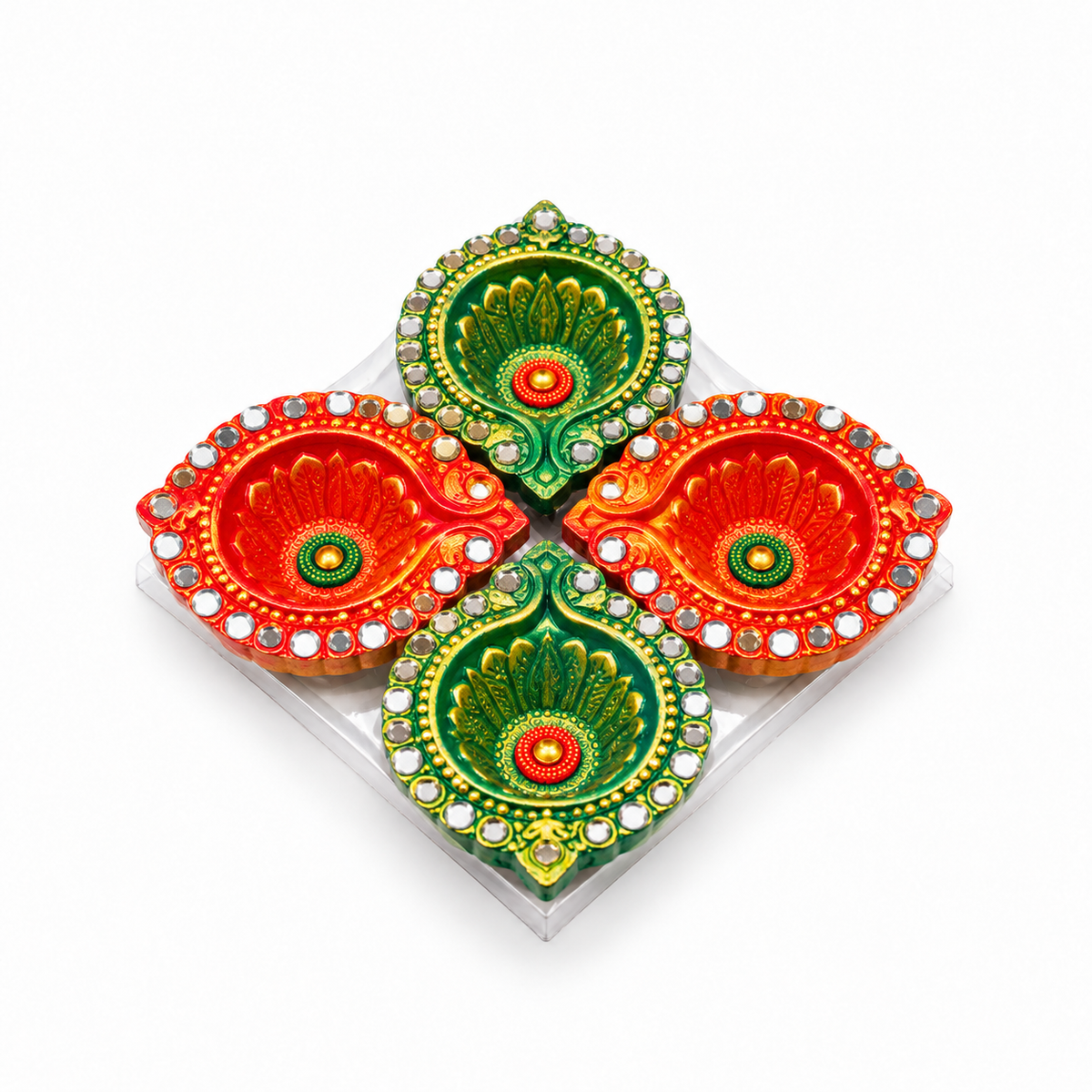 Diwali Diyas – Set of 4 Pieces (Red and Green with Silver Decorations)