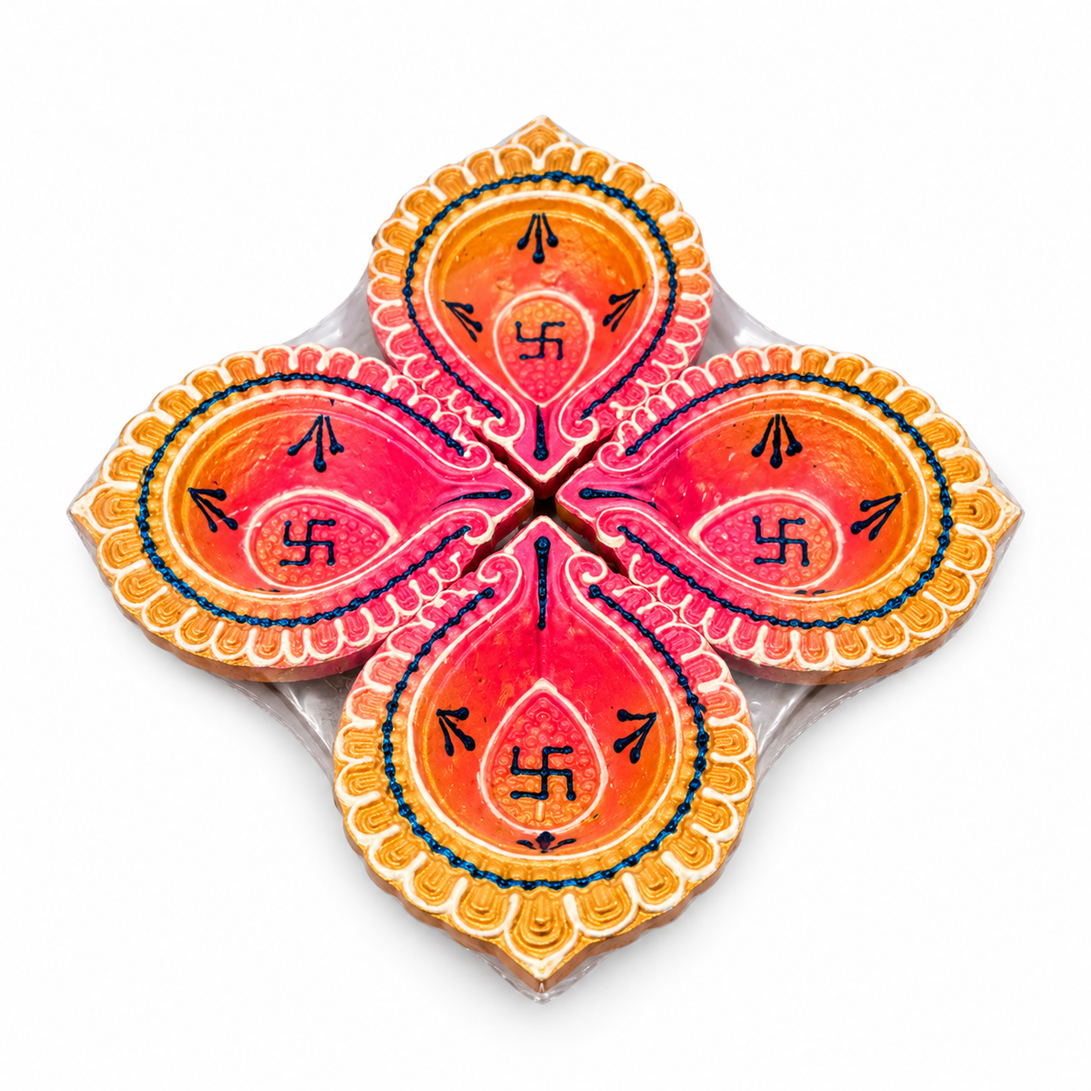 Diwali Diyas – Set of 4 Pieces (Pink and Orange with Gold Decorations)