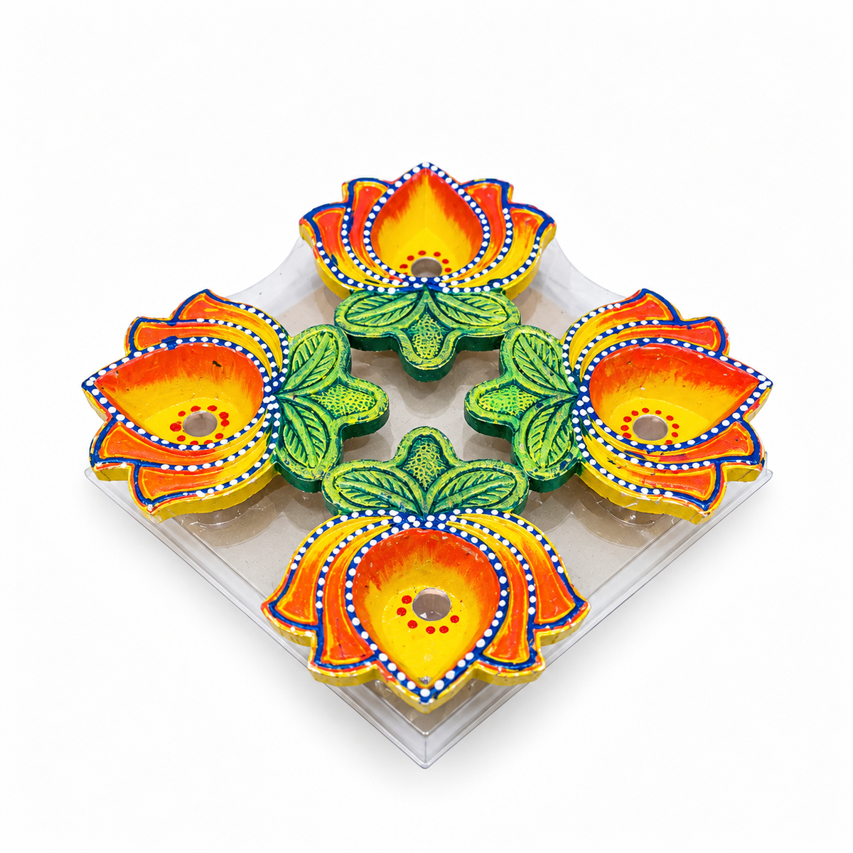 Diwali Diyas – Set of 4 (Orange, Yellow and Green with Blue Decorations – Lotus Motif)