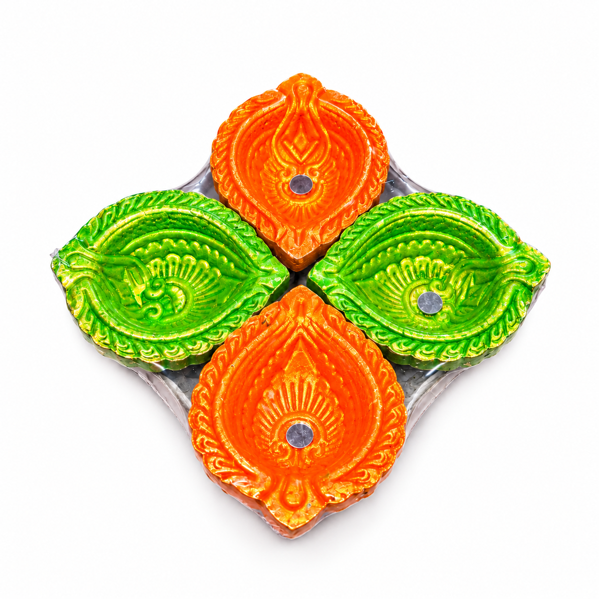 Diwali Diyas – Set of 4 Pieces (Orange & Green)
