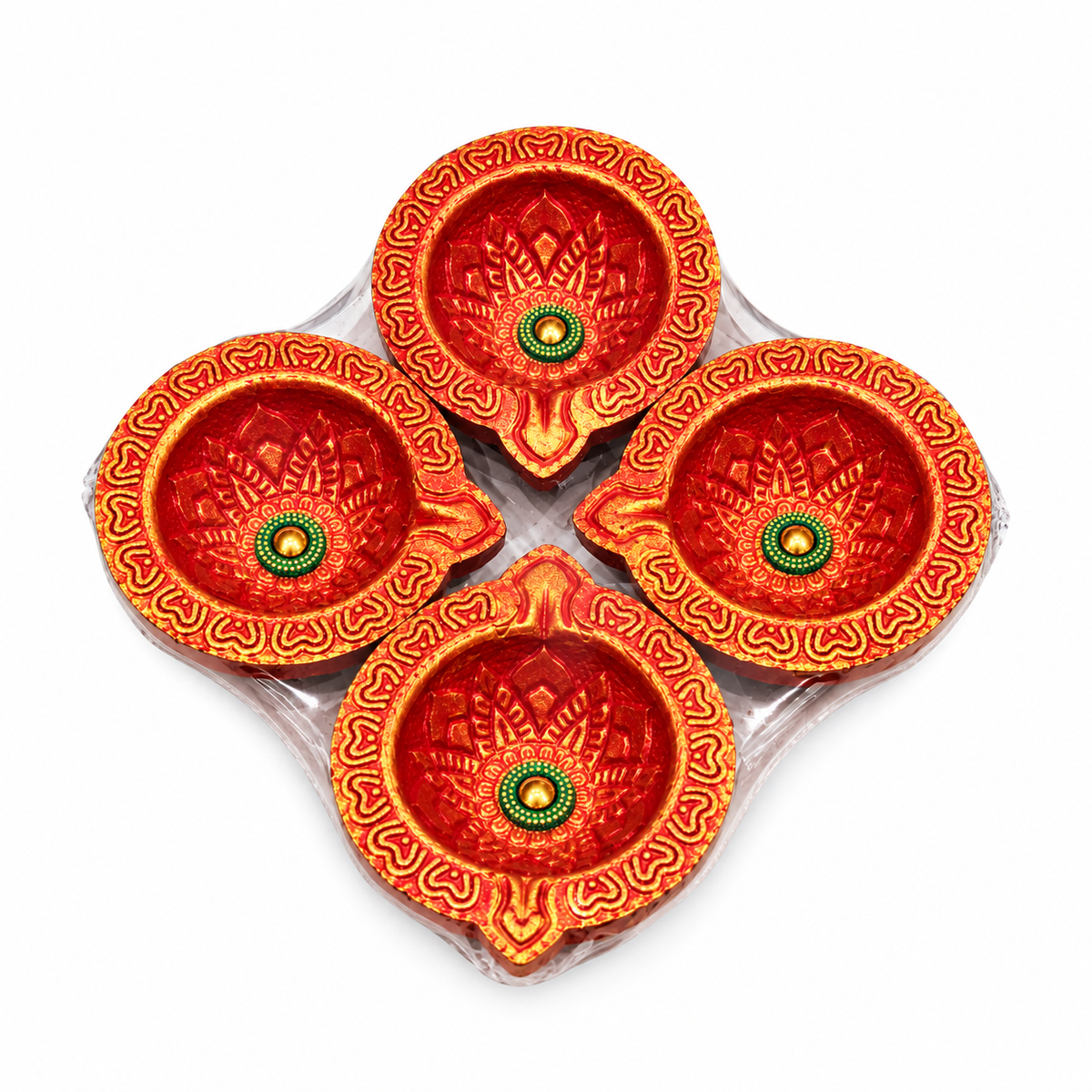 Diwali Diyas - Set Of 4 Pieces (Red And Gold)