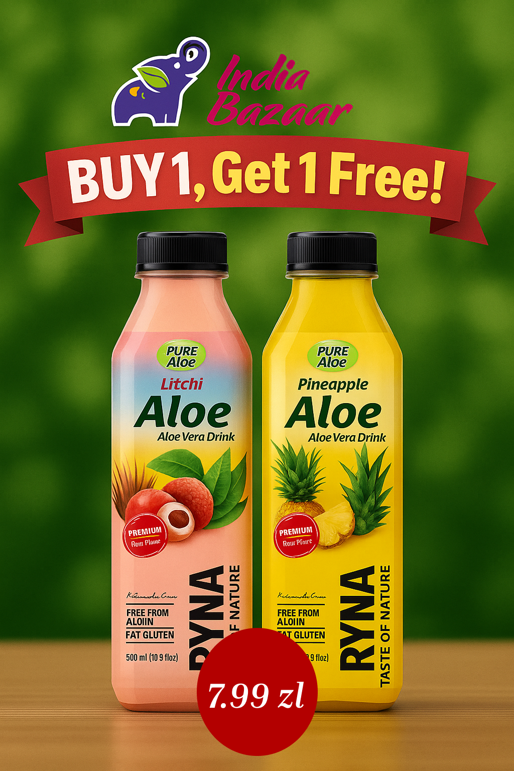 RYNA Pineapple Aloe Vera Drink 500ml (Get a Litchi flavor FREE)