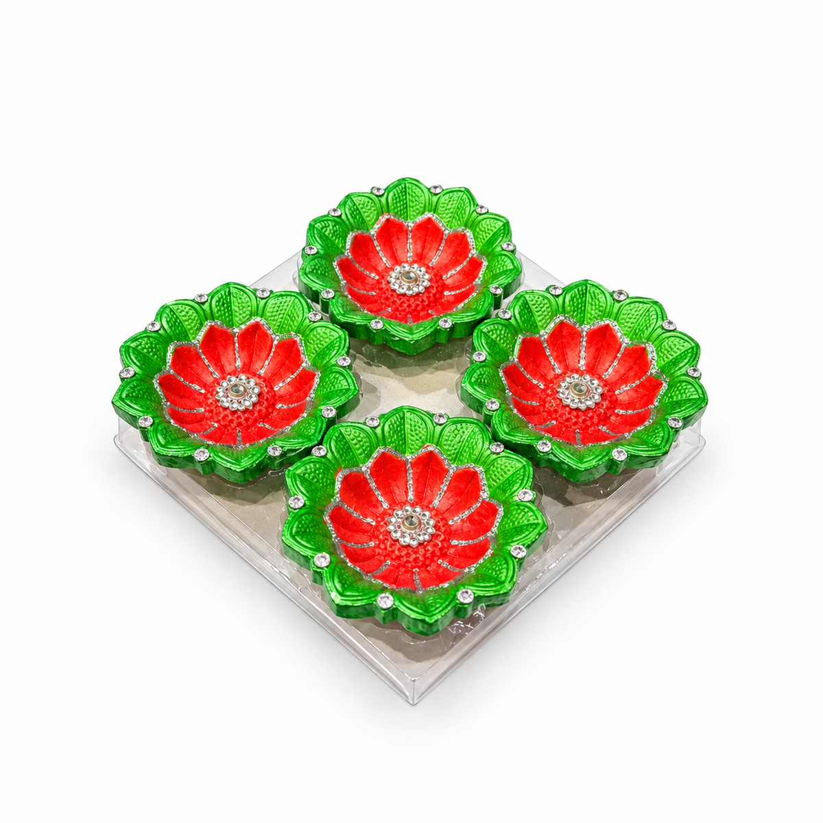 Diwali Diyas – Set of 4 (Green and Red with Silver Decorations – Lotus Motif)
