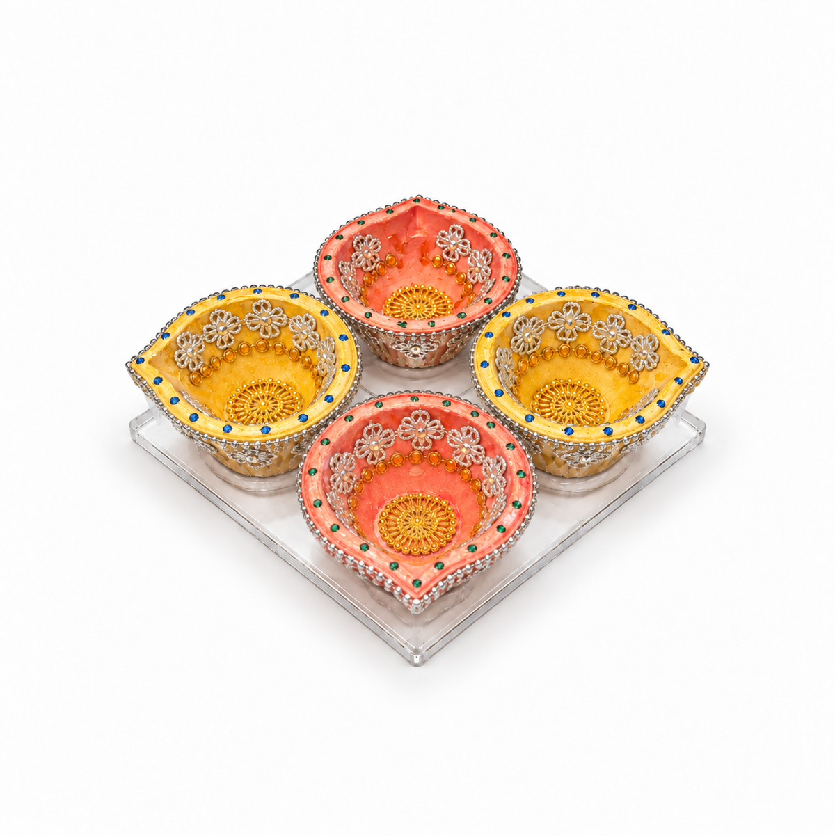 Diwali Diyas – Set of 4 (Orange and Yellow with Silver and Gold Decorations)