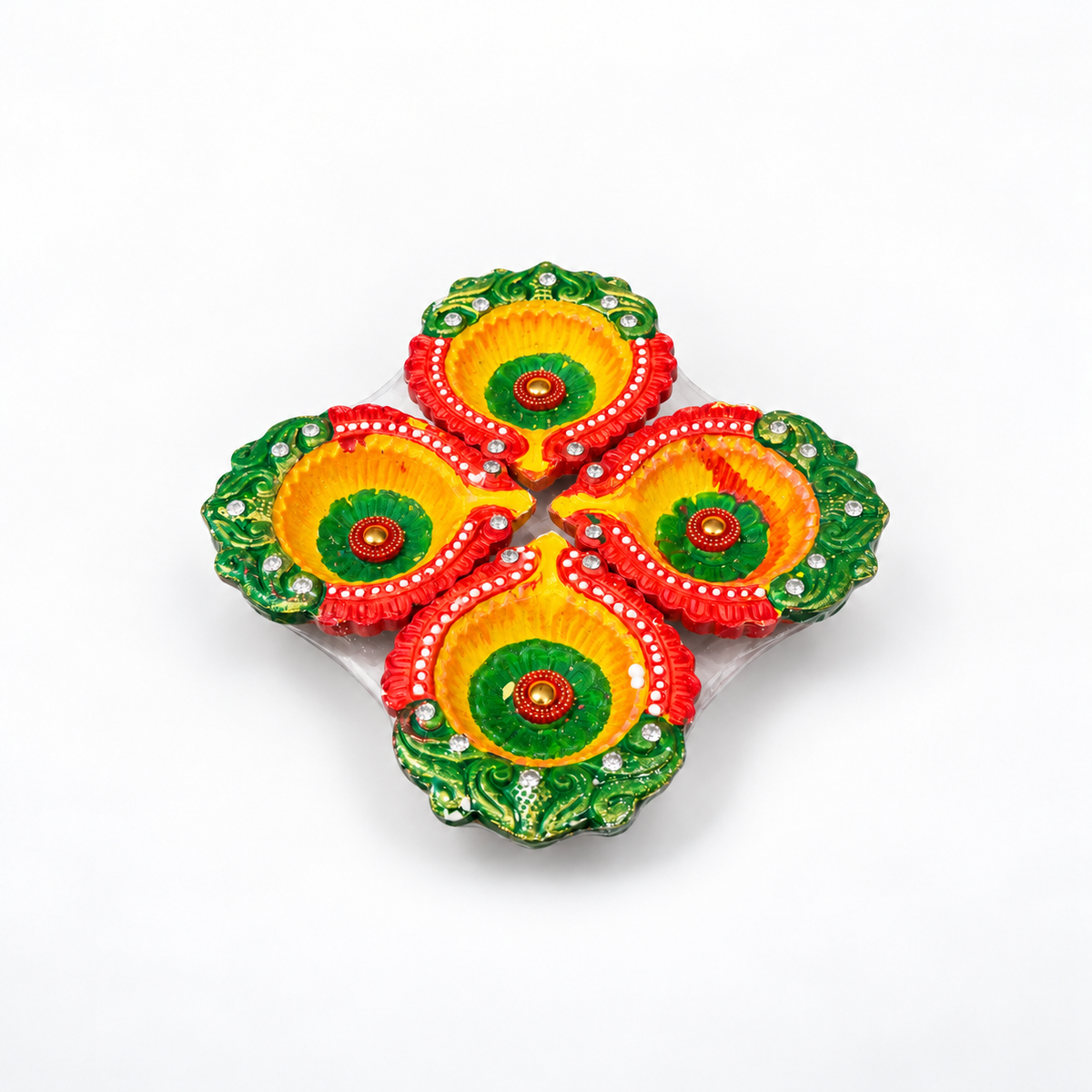 Diwali Diyas – Set of 4 (Red, Green and Yellow with Gold and Silver Decorations)