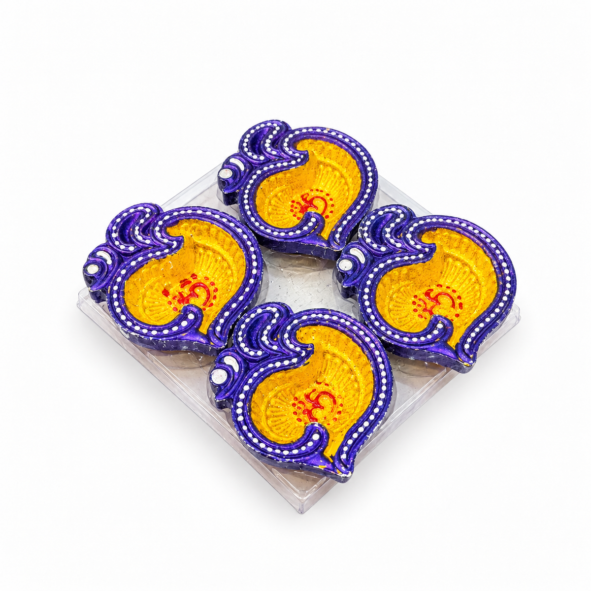 Diwali Diyas – Set of 4 (Purple with Gold and Silver Decorations)