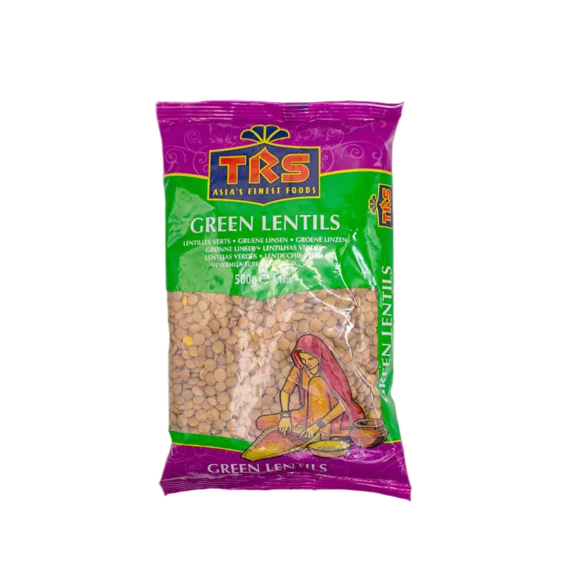 Packaged green lentils with TRS branding on a beige background