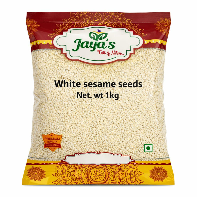 Bag of Jayja's white sesame seeds with decorative elements on a white background