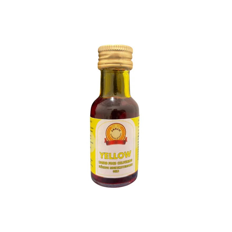 Small bottle of yellow food coloring with a wooden cap on a white background