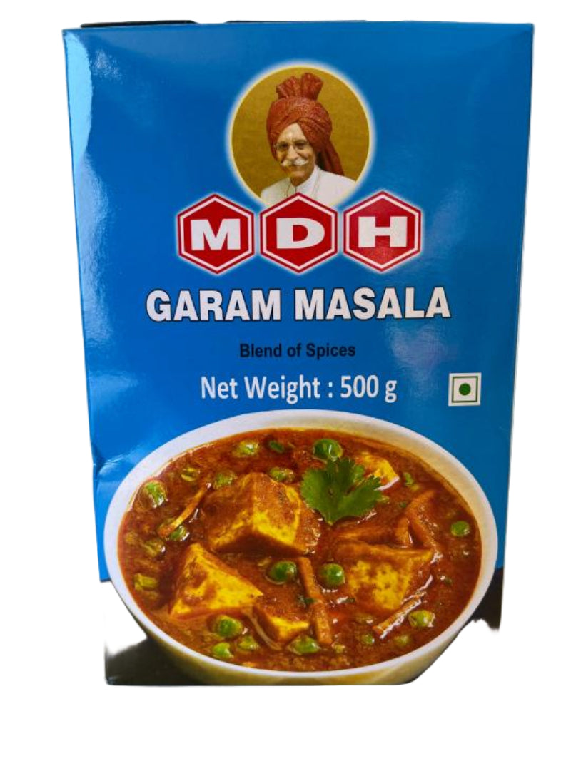 MDH Garam Masala spice packet with a bowl of curry on a white background