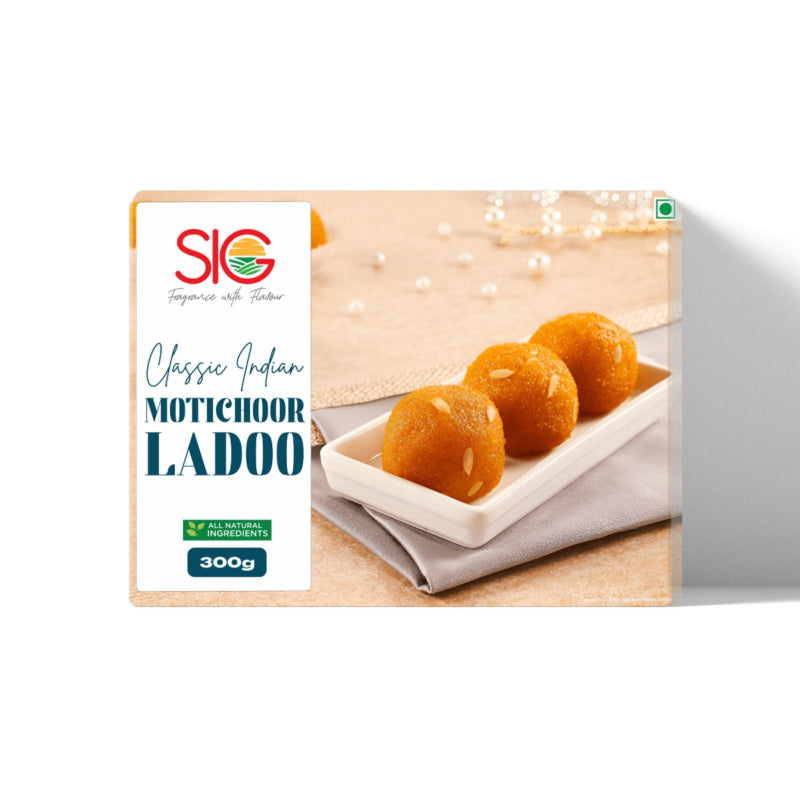 Box of SIG Classic Indian Motichoor Ladoo on a white background