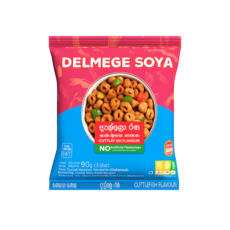 Delmege Soya snack package with colorful design on a white background