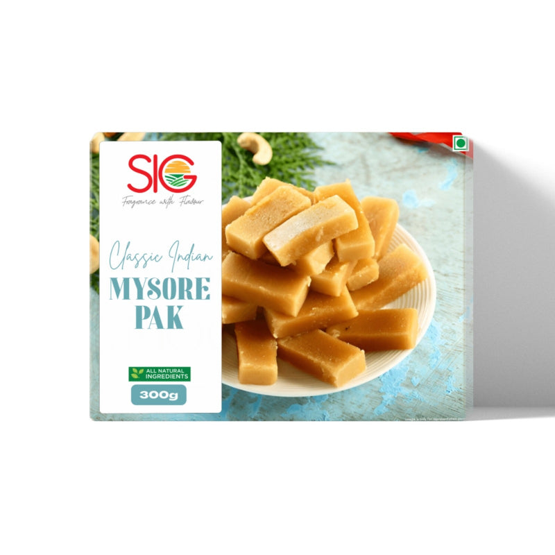 Packaging of SIG Mysore Pak with a plate of fudge on a white background