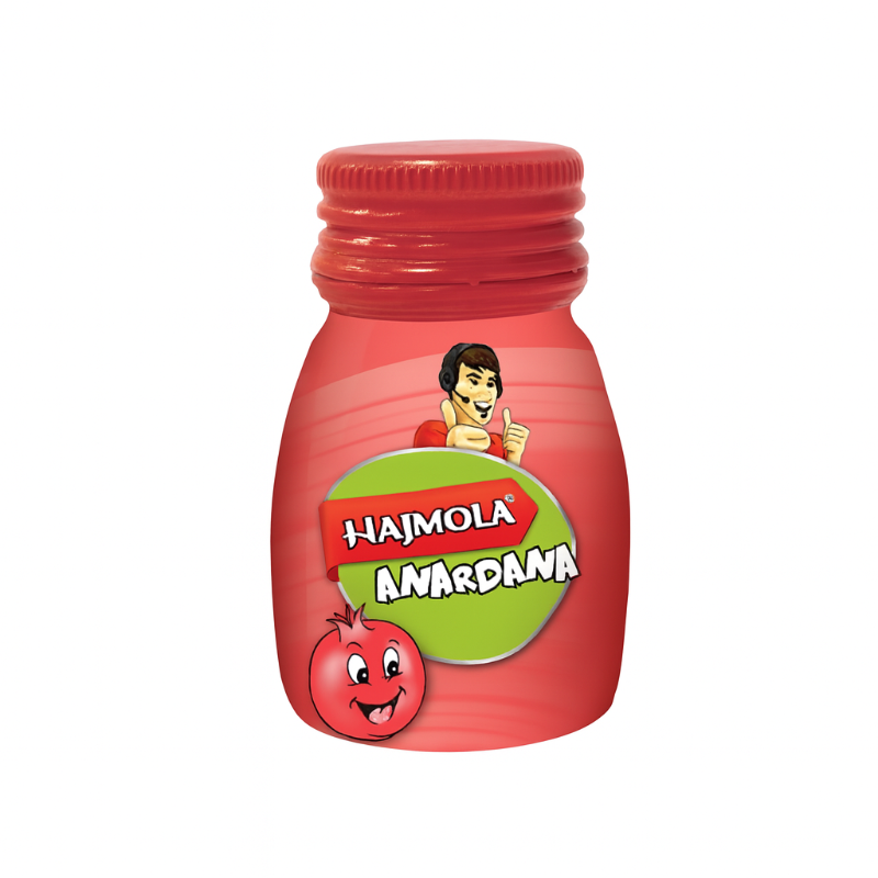 Red jar with a cartoon character and 'Hajmola' branding on a white background