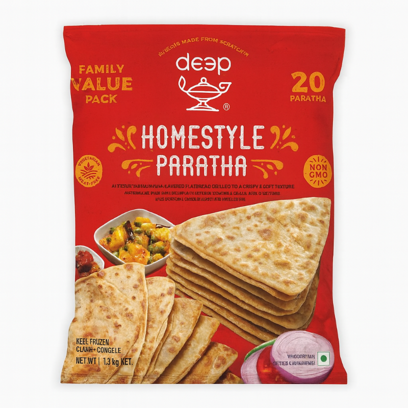 Red package of deep Homestyle Paratha with images of parathas and food items on a white background