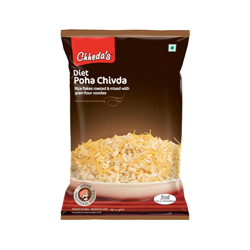 A package of Chheda's Diet Poha Chivda, featuring the product name and an image of the roasted flattened rice snack with added cheese.