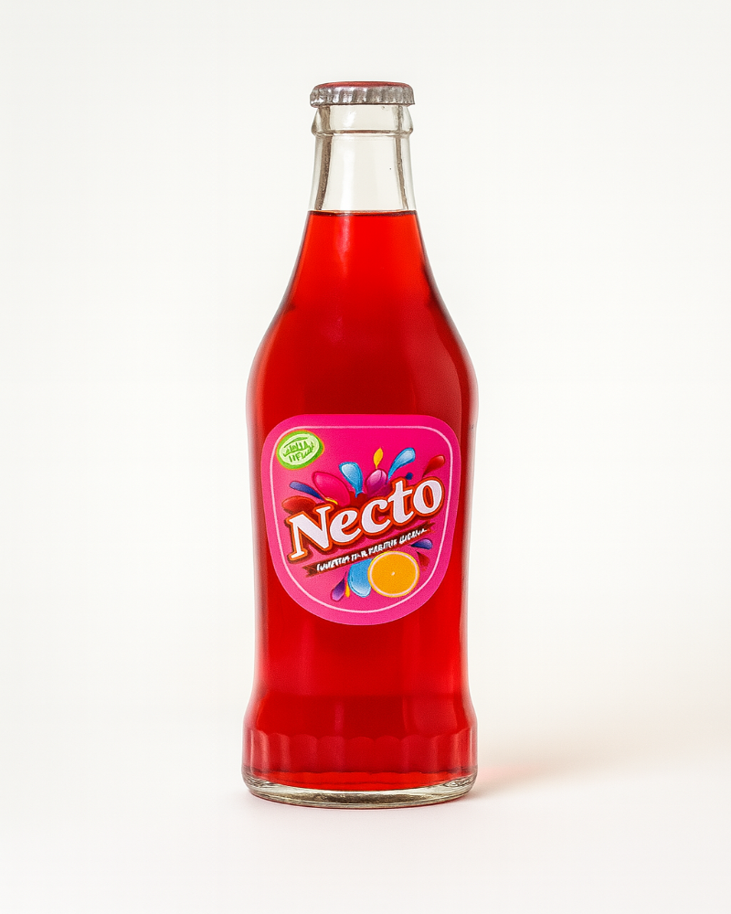 red drink in bottle agianst white background