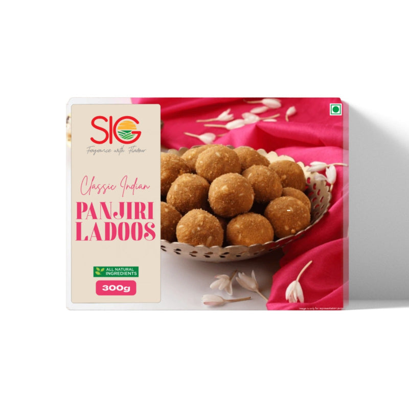Box of SIG Panjiri Ladoos with a bowl of ladoos on a white background