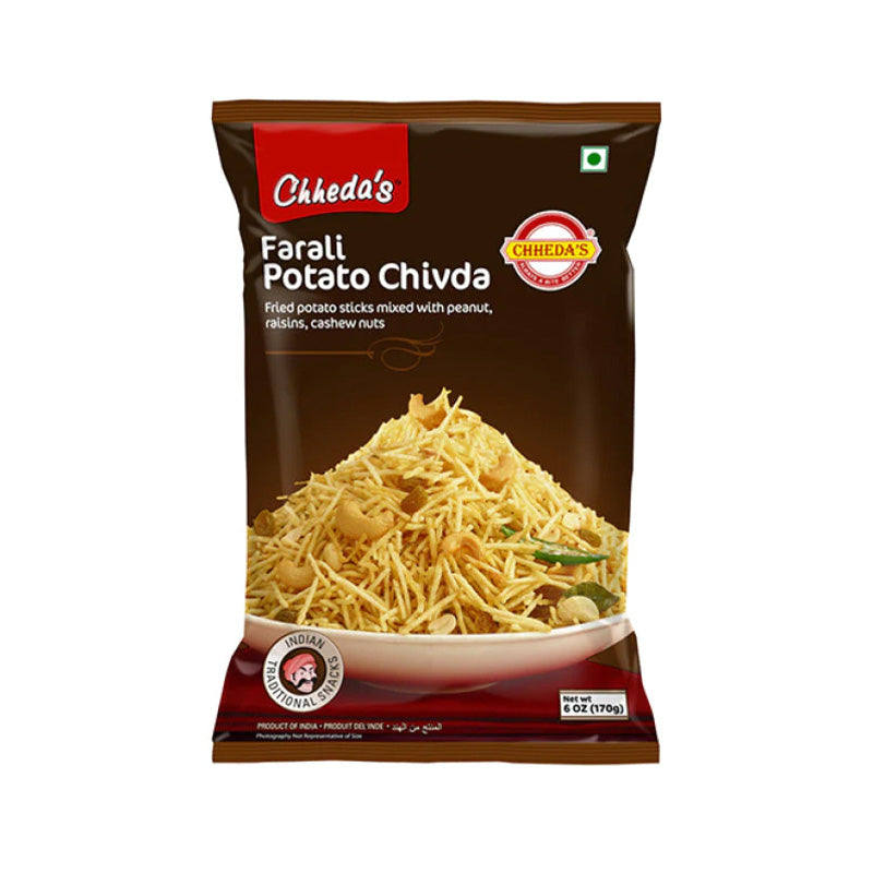 Packaging of Chheda's Farali Potato Chivda, showing the product name and an image of the potato chivda along with the brand logo and a bowl of the snack.