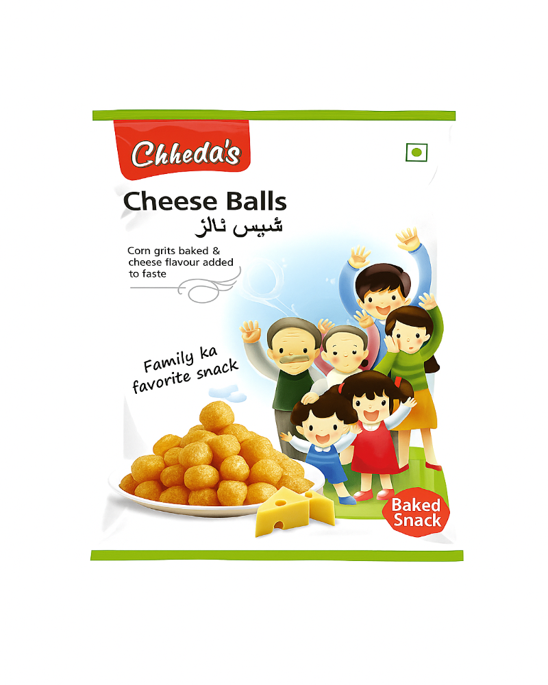 Chheda's Cheese Balls packaging with children and cheese balls illustration on a white background