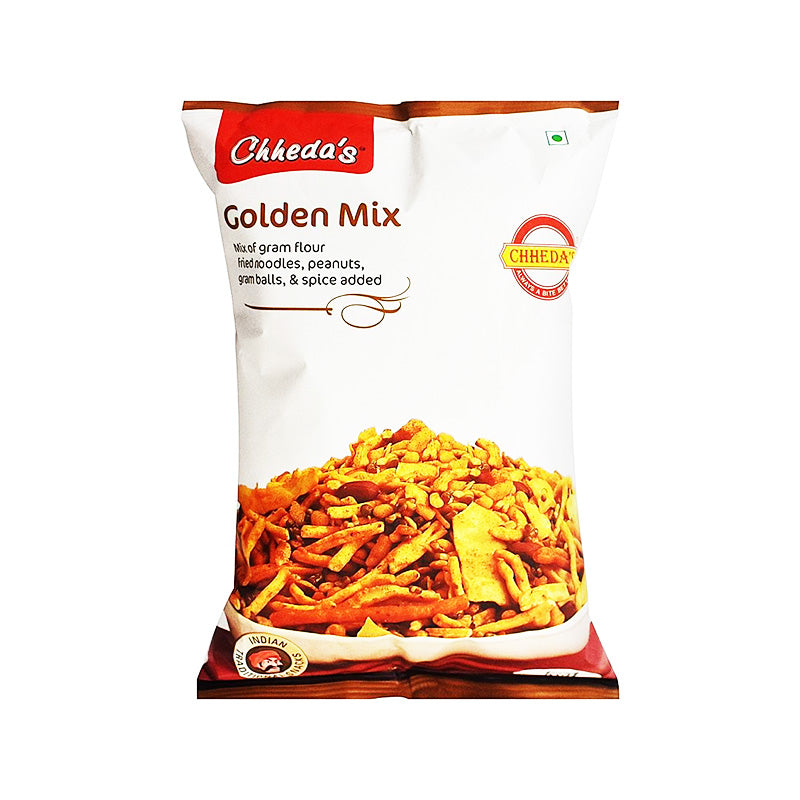 A packaged snack product, Chheda's Golden Mix, featuring a picture of the snack mixture and the brand logo.