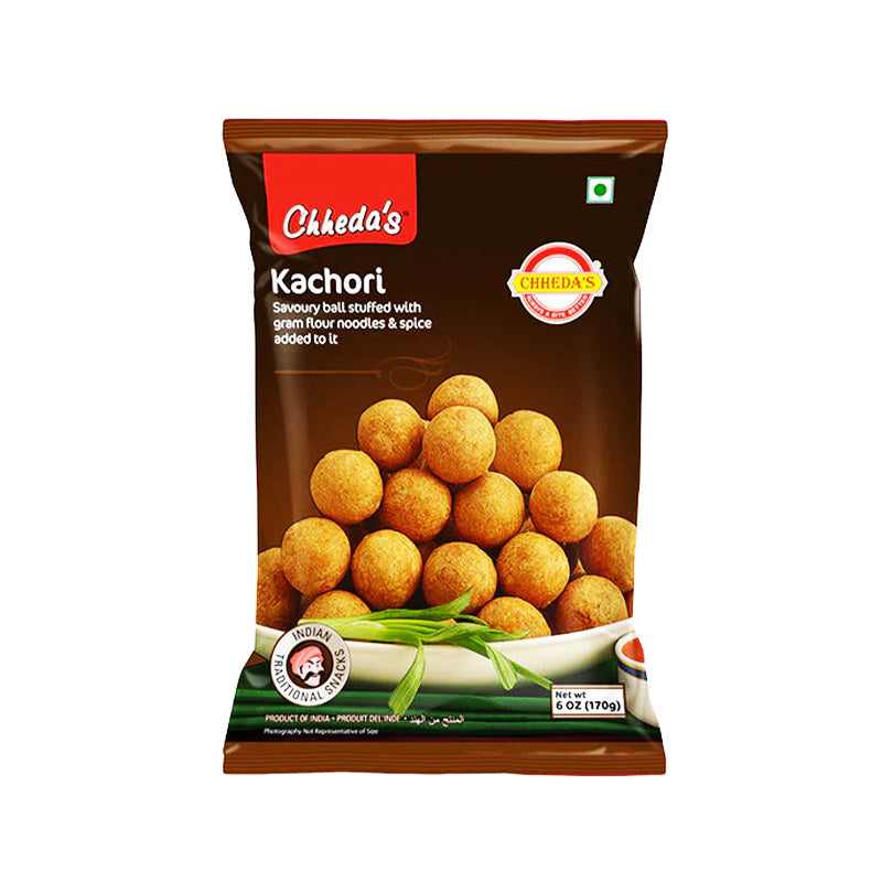 Packaging of Chheda's Kachori, showing the product name and the kachoris themselves, which are small and round with a golden-brown crust.