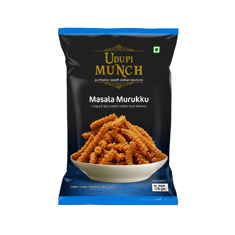 Packaging of Chheda's Udupi Munch Masala Murukku 170g showing the product name and the spiral-shaped murukku snack, with a blue and black color scheme and a bowl of the product on the front.
