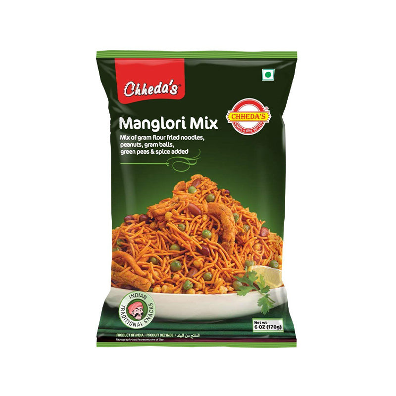 Packaging of Chheda's Manglori Mix, showing the product name and an image of the prepared snack, which includes crispy noodles and peas, against a green background.