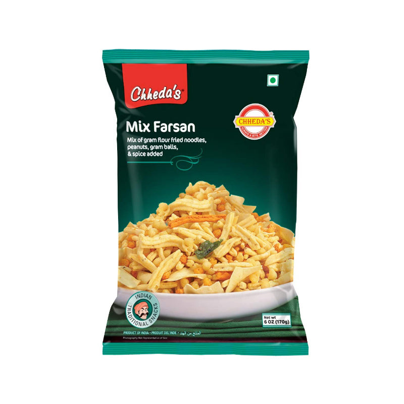 A package of Chheda's Mix Farsan, showing the product name and a clear window displaying the mixed farsan snacks inside.