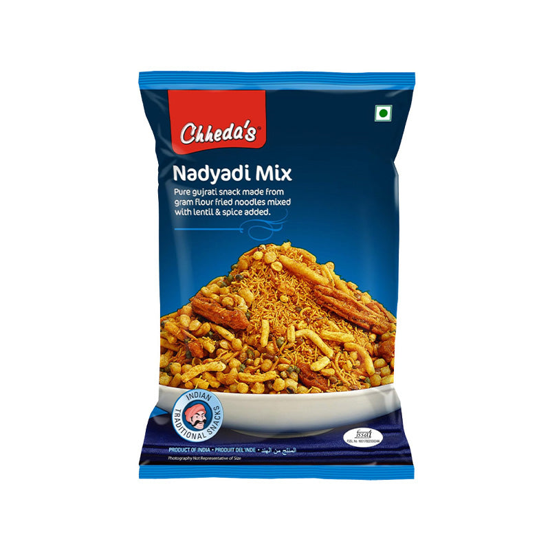 Packaging of Chheda's Nadiyadi Mix, featuring the product name and an image of the snack mix with nuts and spices.