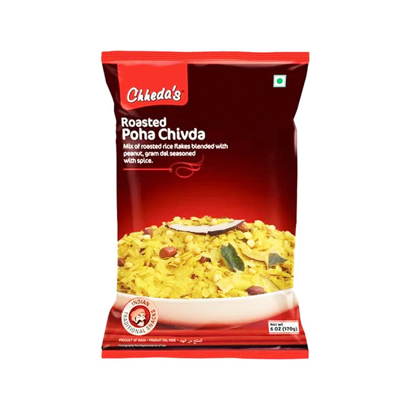 Packaging of Chheda's Roasted Poha Chivda, showing the product name and an image of the roasted poha with spices.