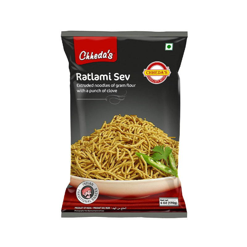 Packaging of Chheda's Ratlami Sev showing the product name, a picture of the sev noodles, and the brand's logo.
