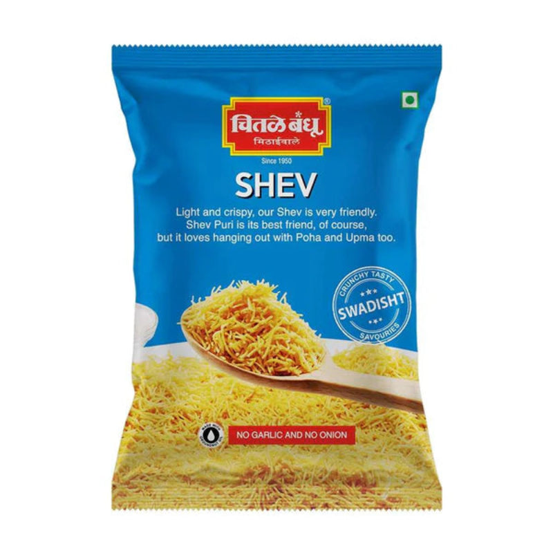 Packaging of Vatika Shev with blue background and yellow shev on a white plate.