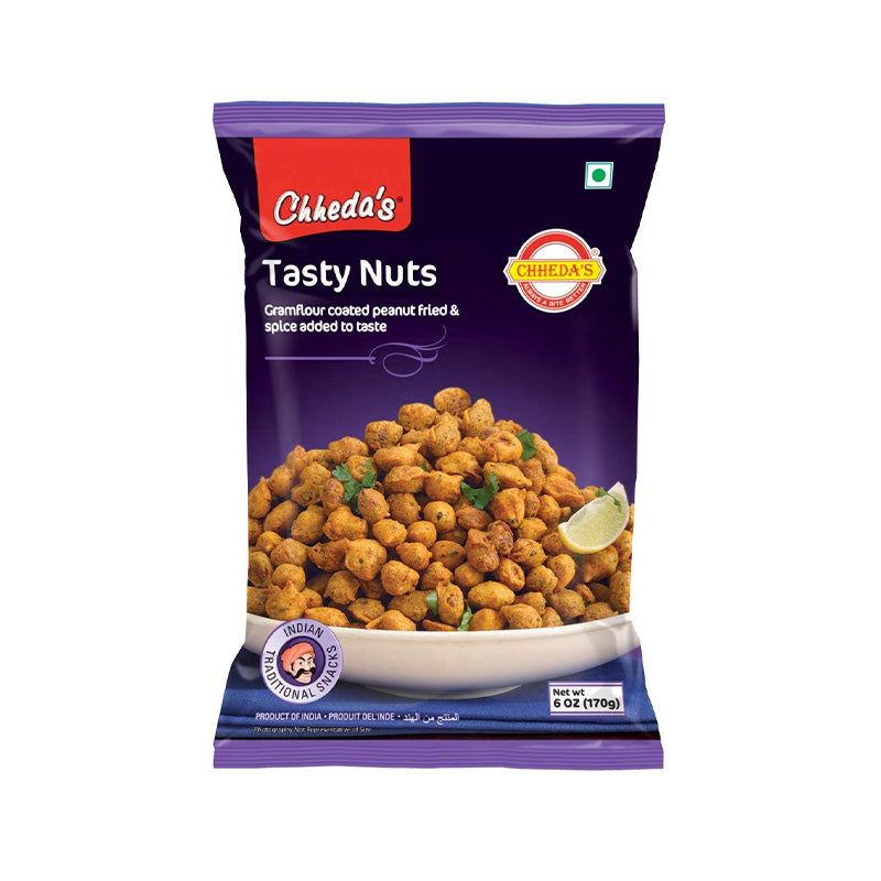 Packaging of Chheda's Tasty Nuts featuring a bowl of roasted and seasoned nuts, with the brand logo and product name displayed.