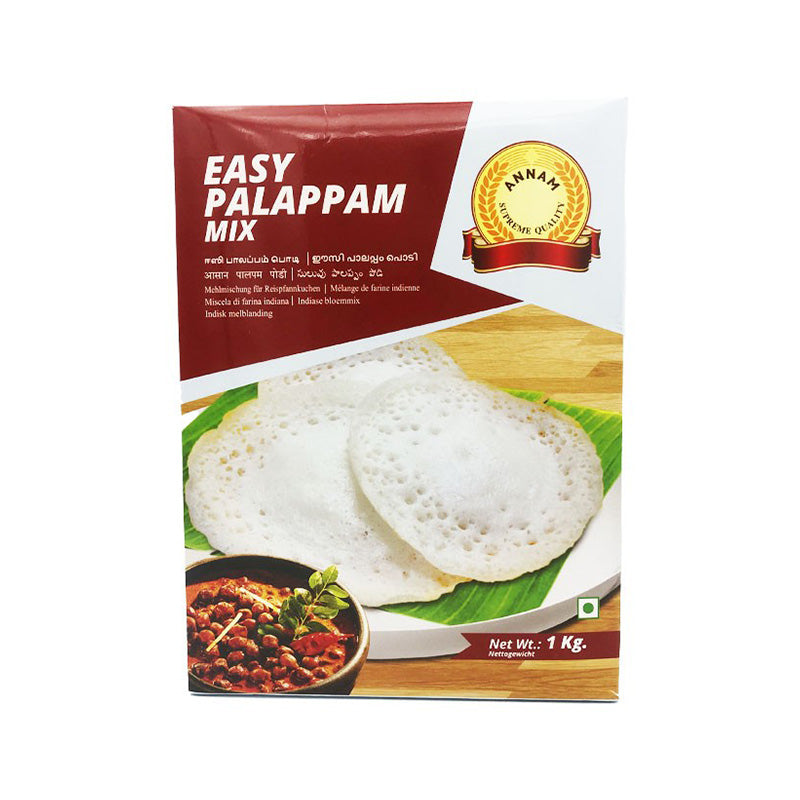 Packaging for Annam Easy Palappam Mix, showing the product name, weight (1 kg), and an image of the prepared palappam on a wooden surface.