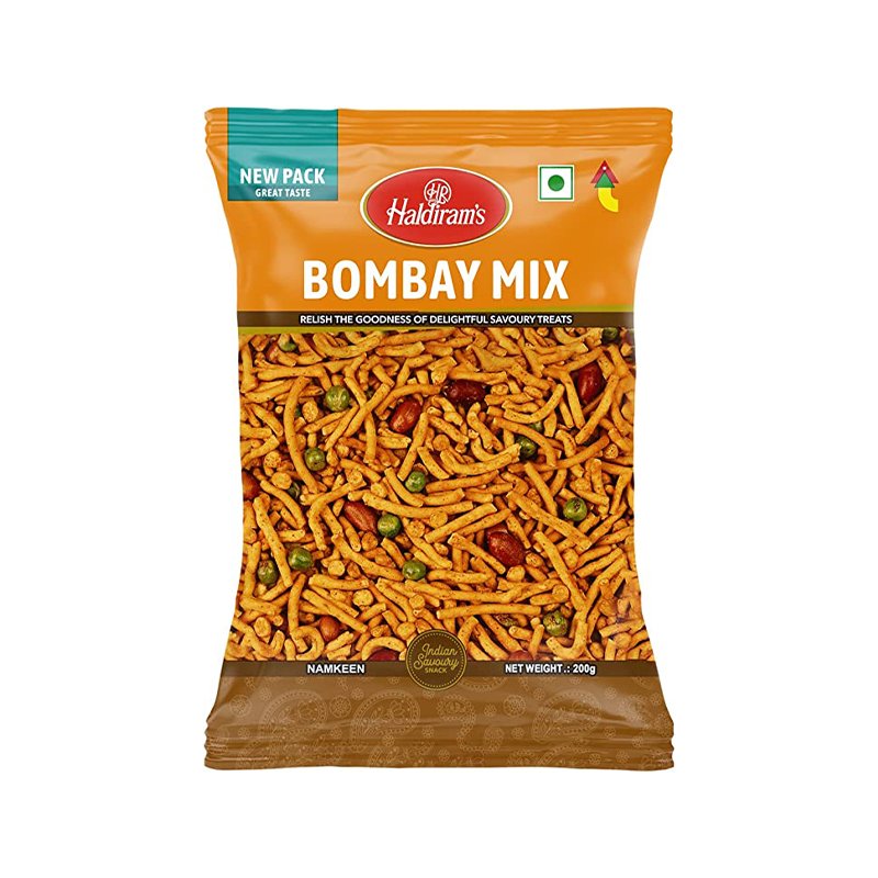 A pack of Haldiram's Bombay Mix, a popular Indian snack mix featuring a variety of dried vegetables and spices.