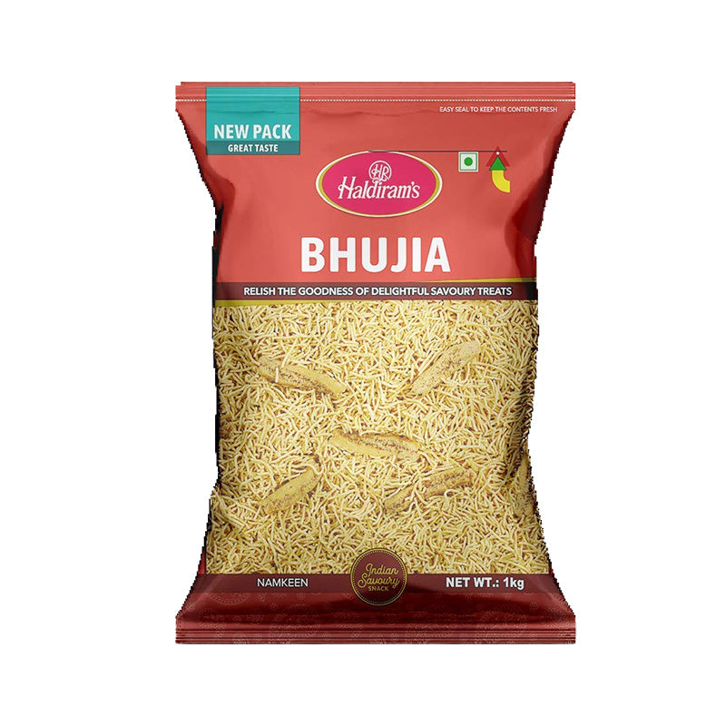 A package of Haldiram's Bhujia, which is a type of dried rice treat, displayed against a white background.