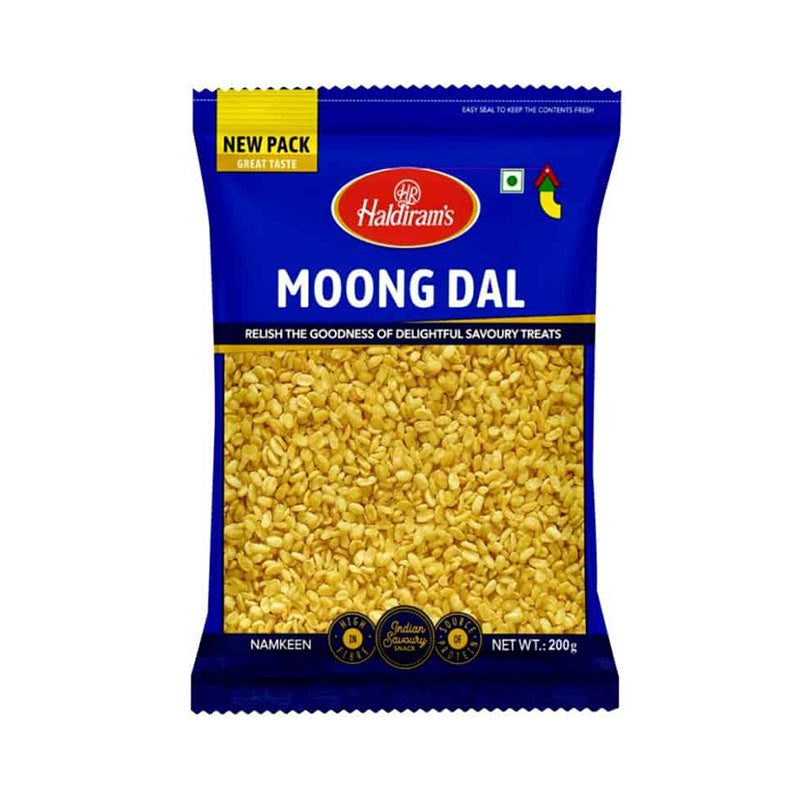 A pack of Haldiram's Moong Dal, showing the product in a clear window and the blue packaging with branding and text.