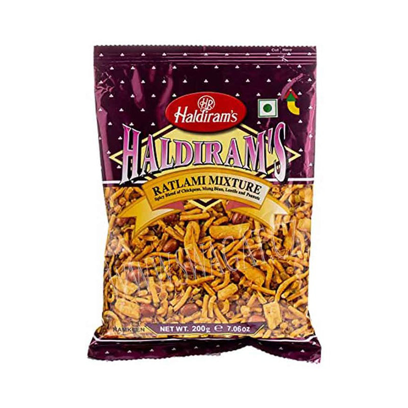 A package of Haldiram's Ratlami Mixture, showing the product name and a clear window revealing the mixture of roasted and salted nuts.