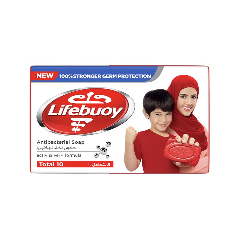 A pack of Lifebuoy antibacterial soap with a red and white color scheme, featuring an image of a child and an adult, and text highlighting '10' active germ-fighting ingredients and 'New' with a graphic of a heartbeat monitor indicating '100% Stronger Germ Protection'.