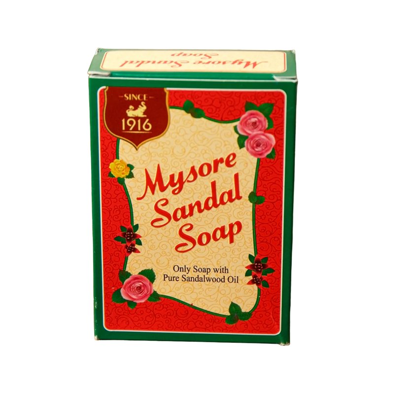 A box of Mysore Sandal Soap with floral designs and the year 1916 printed on it, indicating its historical significance.
