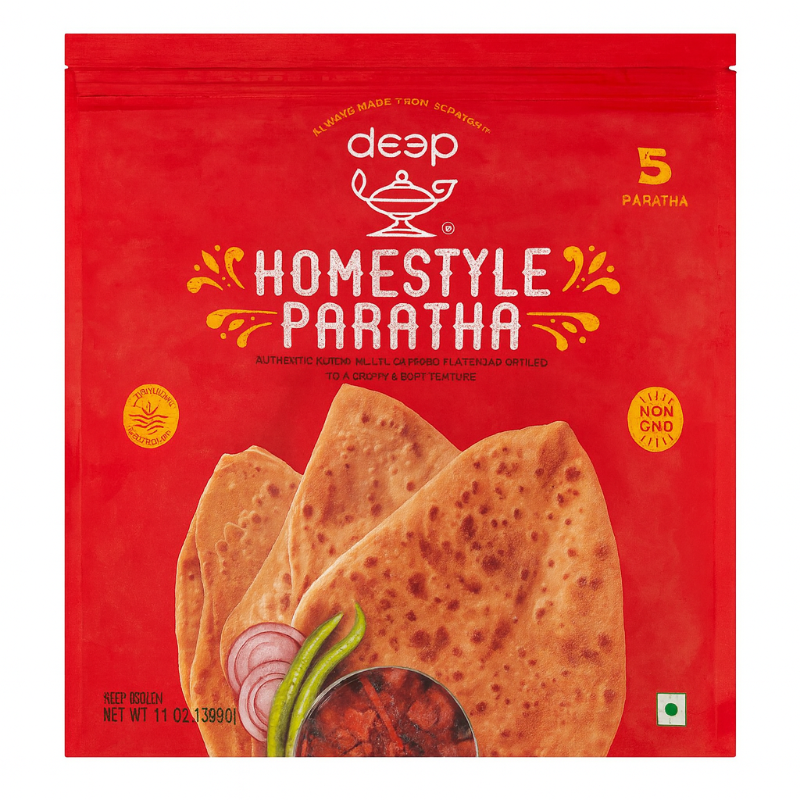 Red package of deep Homestyle Paratha with parathas and ingredients on a white background