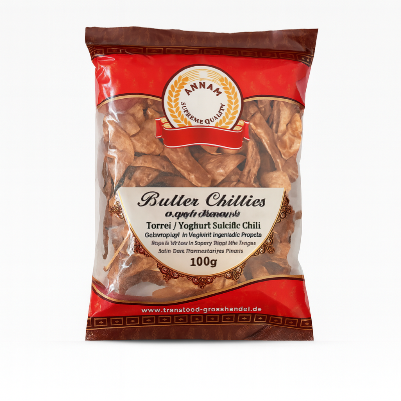 Packaged butter chillies with 'Annam' branding on a white background