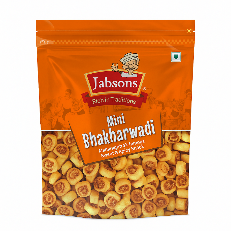 Packaging of Jabsons Mini Bhakharwadi snack on a white background